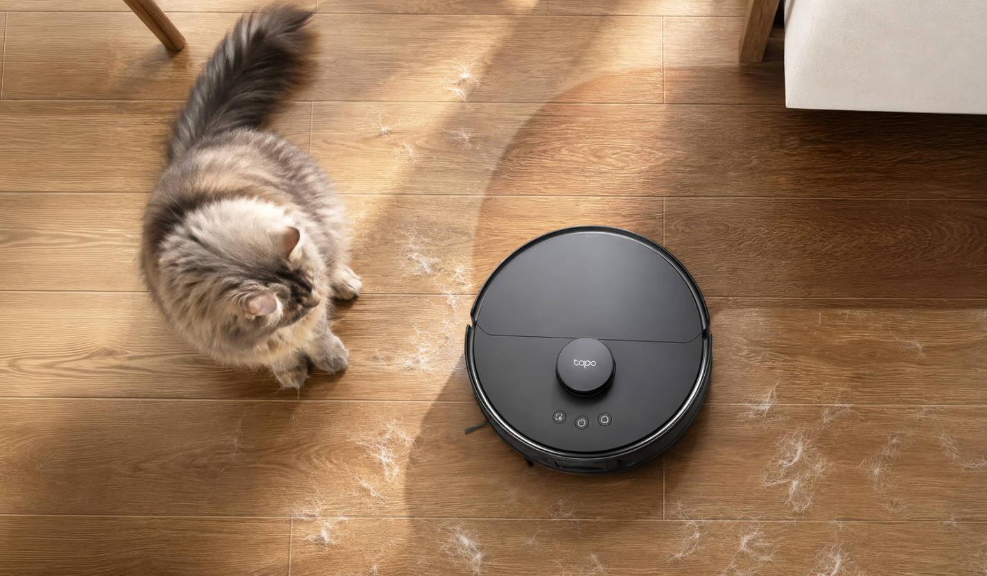 A Tapo Robot Vacuum with a hairy cat